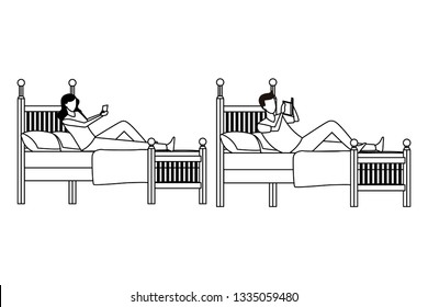 twin bed room and faceless people in black and white