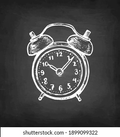 Twin bell alarm clock. Chalk sketch on blackboard background. Hand drawn vector illustration. Retro style.