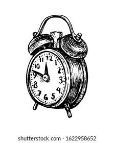 Twin bell alarm clock. Ink sketch isolated on white background. Hand drawn vector illustration. Retro style.