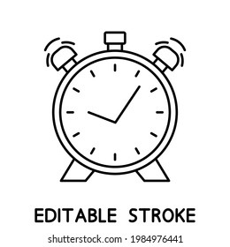 Twin bell alarm clock. Time icon in outline style. Simple clock icon. Editable stroke. Vector