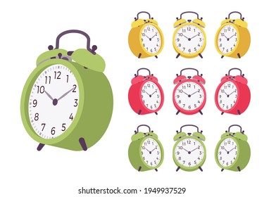 Twin bell bright alarm clock set. Red, green, yellow wind up mechanical desk table device for home, office. Vector flat style cartoon illustration isolated, white background, different colors, view