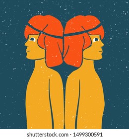 Twin boys back to back. Vector gemini original design. Can be used for poster, greeting card, birthday party, invitation. Vector illustration