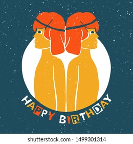 Twin boys back to back. Vector gemini original design. Can be used for poster, greeting card, birthday party, invitation. Vector illustration