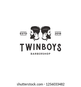 Twin boys barber shop vintage logo design template inspiration in black color