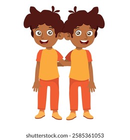 Twin boys, brothers wearing the same colors of clothes, vector illustration.