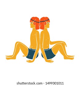 Twin boys sit back to back. Vector gemini original design. Can be used for poster, greeting card, birthday party, invitation. Vector illustration