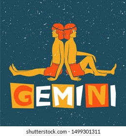 Twin boys sit back to back. Vector gemini original design. Can be used for poster, greeting card, birthday party, invitation. Vector illustration