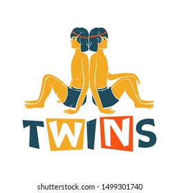 Twin boys sit back to back. Vector gemini original design. Can be used for poster, greeting card, birthday party, invitation. Vector illustration