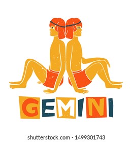 Twin boys sit back to back. Vector gemini original design. Can be used for poster, greeting card, birthday party, invitation. Vector illustration