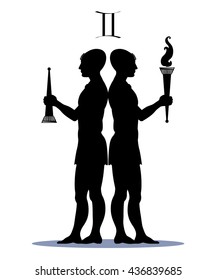 Twin brothers Dioscuri - Castor and Pollux, the ancient Greek gods, astrological sign Gemini, holding torches in hands, extinguished & hot, hats in the shape of egg, from which they were born