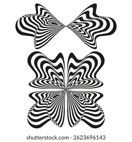 Twin butterfly shape. Striped wings vector. Abstract flight illusion. Bold black design.