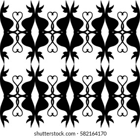 Twin Cat Silhouettes With Heart Tail Sitting Repeating Tile Background Mirrored in Black 