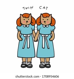 Twin cats wear blue dress cartoon vector illustration