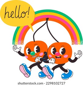 Twin cherries walking under the rainbow holding hands greeting. Cherry mascot in classic retro animation style. Trendy design for nowadays illustrations. For cards posters and invitations to summer