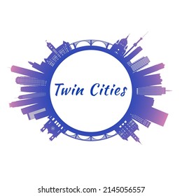 Twin cities skyline with colorful buildings. Circle style. Vector illustration.