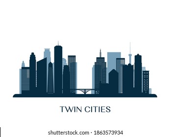 Twin Cities Skyline, Monochrome Silhouette. Vector Illustration.