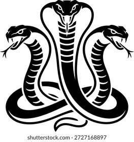 Vetor de logotipo de cobra dupla em estilo preto simbolizando poder, proteção, perigo e força, ideal para tatuagem, equipe esportiva, marca de segurança ou design emblema.