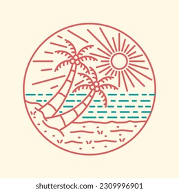 The twin coconut in the beach mono line vector t-shirt, badge, sticker illustration