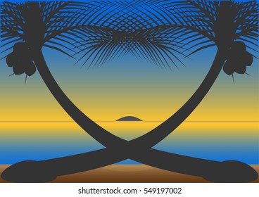 Twin coconut tree on the beach with blue sky