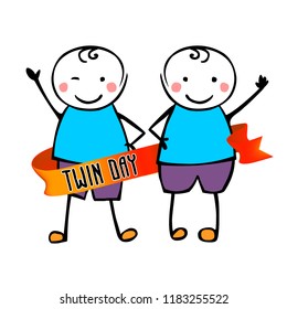 Twin day. Congratilation card with flat vector people in the children's style