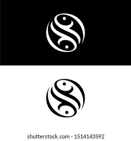 Twin Or Double Fish Logo Template With Yin And Yang As Pisces Symbol In Flat Design Monogram Illustration