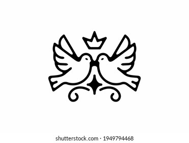 Twin dove with crown line art illustration tattoo design