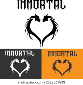 Twin dragon heart shape immortal love icon. Simple dragon heart logo.
