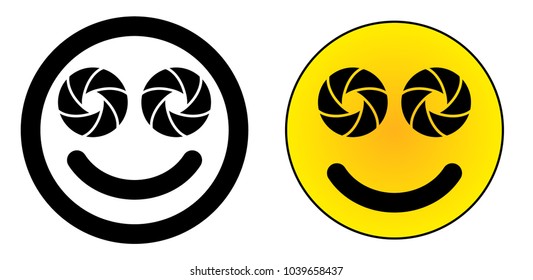 Twin dual lens mobile phone smiley face icon. Two camera aperture symbol instead of eyes.