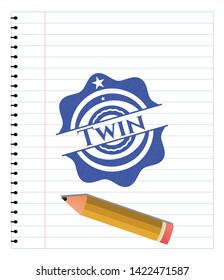 Twin emblem draw with pen effect. Blue ink. Vector Illustration. Detailed.