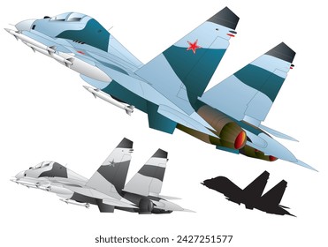  Twin engine Su-27 jet fighter image illustration (blue camo and monotone, black silhouette set)