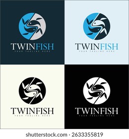 Twin fish circle shapes silhouette restaurant and food logo set template design