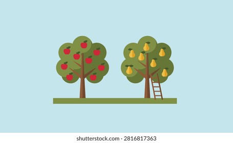 Twin fruit trees stand side by side on a green field showing a red apple tree and a yellow pear tree with a wooden ladder.