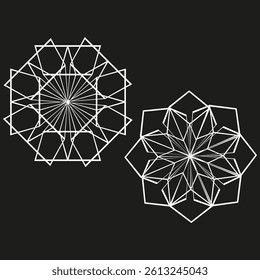 Twin geometric stars. White line design. Dark vector background. Symmetrical abstract form.
