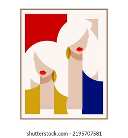 twin girl sisters shapes lines drawing for minimalist wall art, vector illustration of colorful abstract wall decorative women portrait.