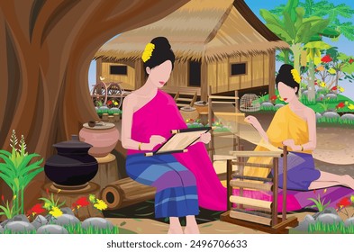 Twin girls from the countryside wearing Thai costumes are sitting and weaving looms under a big tree in front of a straw hut.vector design