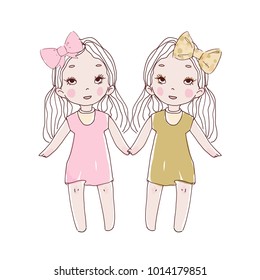 Twin girls cute vector characters. Trendy doodle fashion kids