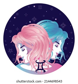 Twin girls as Gemini zodiac sign design illustration.