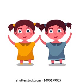 Twin girls hold hands. Girls in dresses with bows. Vector cartoon illustration.