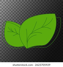 Twin green leaves. Bold outline shape. Vector plant graphic. Dark transparent checker.