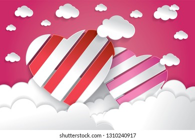 Twin hearts with clouds on the sky. Paper art, digital craft style. Valentine's day coupon love concept.
