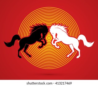 Twin horses designed using black and white colors graphic vector.