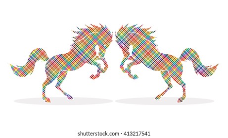 Twin horses designed using colorful pixels graphic vector.