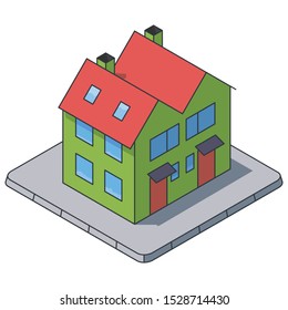 Twin house building isometric vector illustration, filled outline style. Private building symbol. Real estate and construction concept.