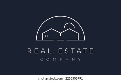Twin house with sun logo. Elegant real estate emblem. Vector abstract line design for eco green living, housing, architecture, construction, apartment, rent