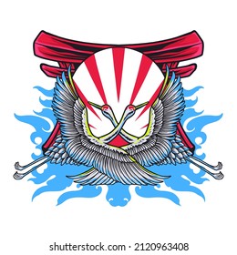 Twin Japanese Storks Flying in the Sky Vector Illustration