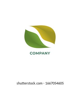 Twin leaf illustration, green and turning to yellow. Nature logo design template. Cycle logo concept isolated on white background. Save the earth. Save our planet