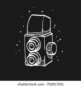 Twin lens reflex camera icon in doodle sketch lines. Vintage retro photography photo mechanical analog film shooting