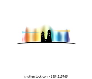 Twin lighthouse illuminating sea shore above the globe in front of aurora borealis