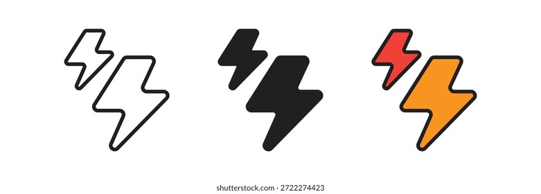 Twin lightning bolt symbols representing high-speed performance, powerful electric current, fast action, and dynamic energy for branding or interface icons.