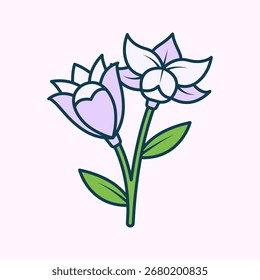 Estilo de diseño de Twin Lily Flat, dos lirios morados con subgrupos verdes, ideal para patrones botánicos, composiciones florales y proyectos decorativos